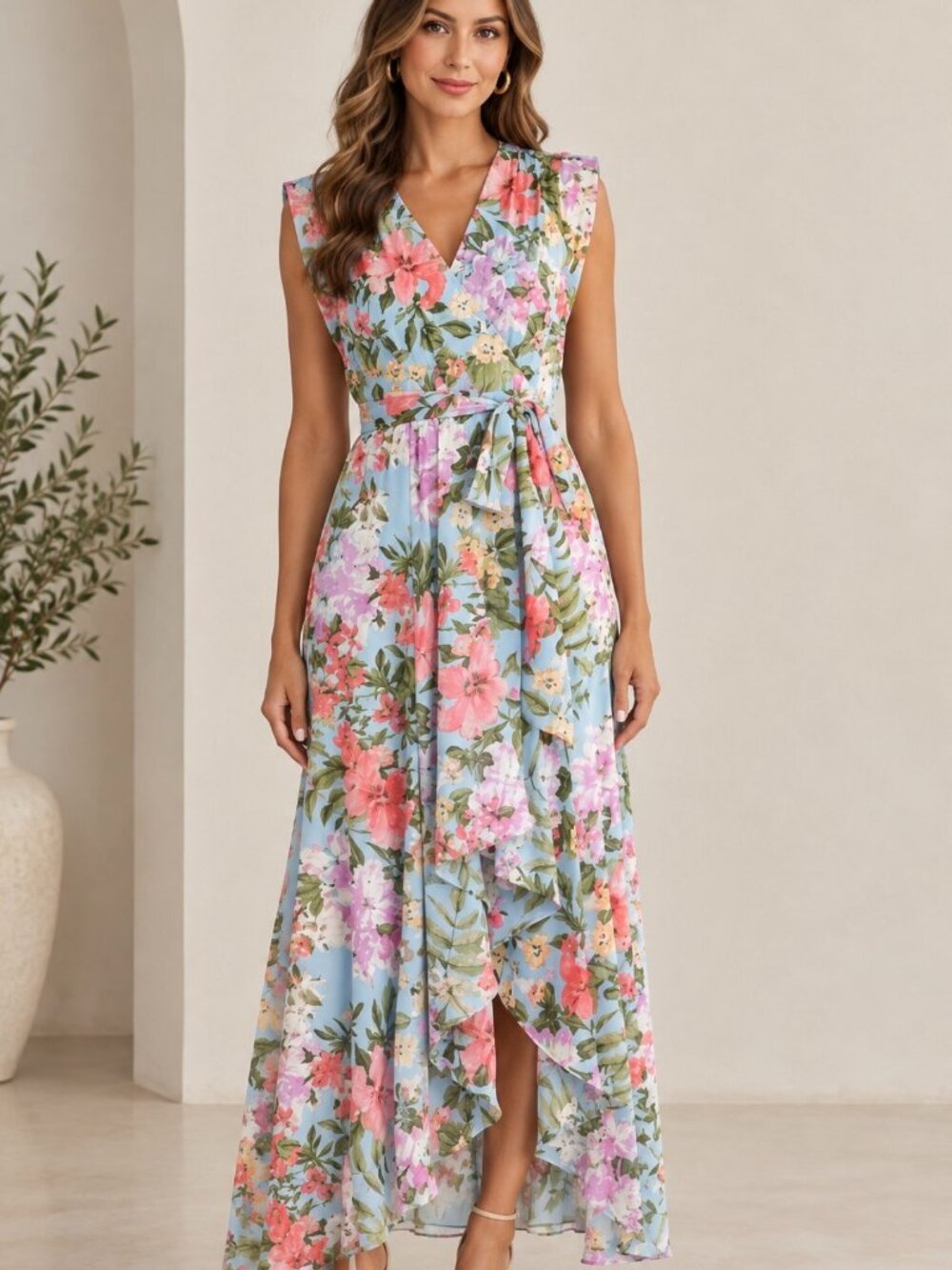 Women's Blue Obi Floral Cap Sleeve High-Low Maxi Dress